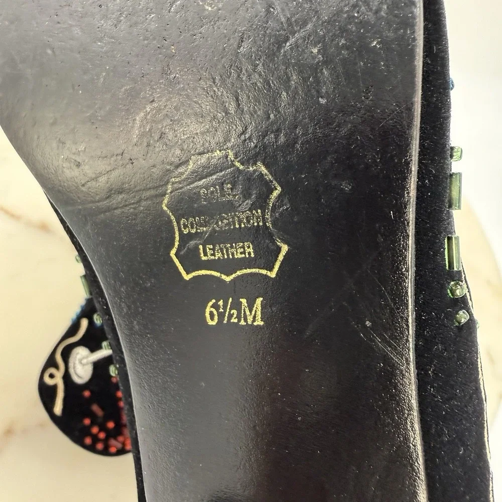 Vintage Y2K New Year 2000 Beaded Velvet Leather Sole Block Pumps Black 6.5M
